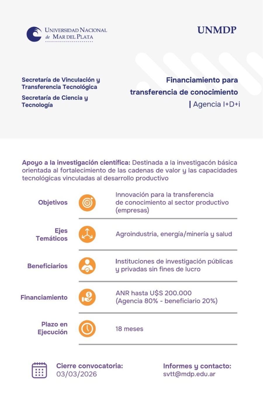 Financiamiento para transferencia de conocimiento